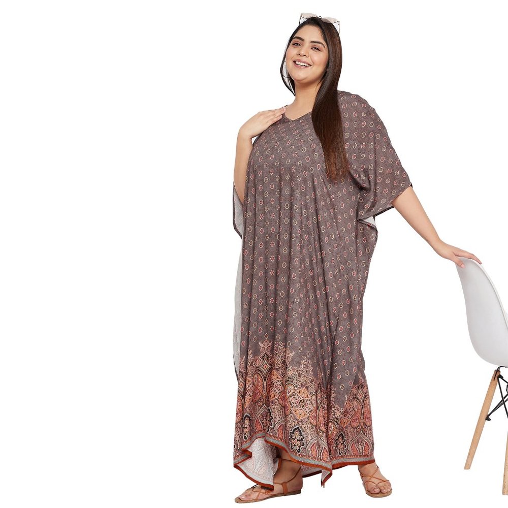 Women Plus Size Paisley Printed Dark Brown Kaftan Maxi Dress by Gypsie Blu